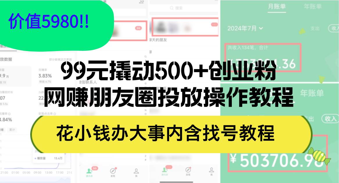 99元撬动500+创业粉，网赚朋友圈投放操作教程价值5980！花小钱办大事内...